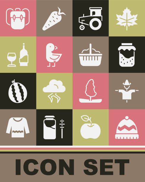 设置冬季帽子，稻草人，果酱罐，拖拉机，小鸡，葡萄酒瓶与玻璃，学校背包和篮子图标。向量图片下载