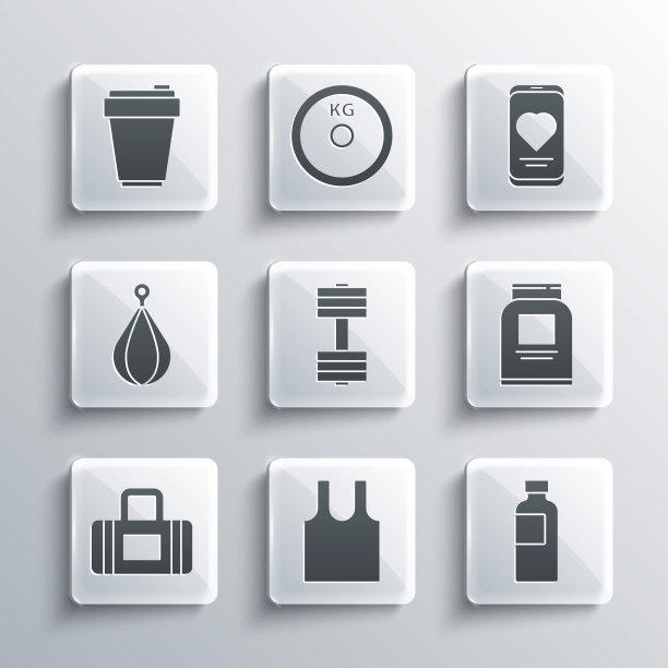 设置无袖t恤，健身摇床，运动营养，哑铃，袋，拳击，和移动与心率图标。向量图片下载