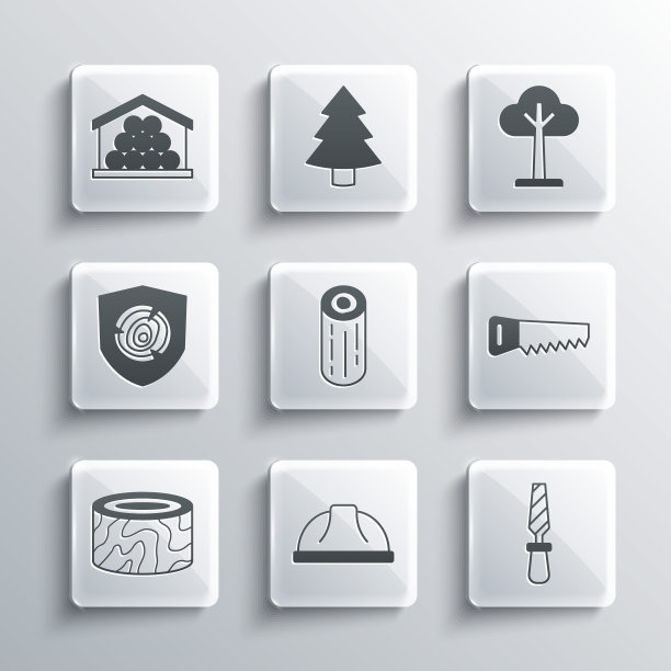 设置工人安全帽，金属锉，手锯，原木，树桩，图标。向量图片下载