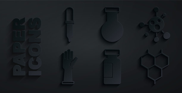 设置试管和烧瓶，分子，医用橡胶手套，化学配方和移液管图标。向量图片下载