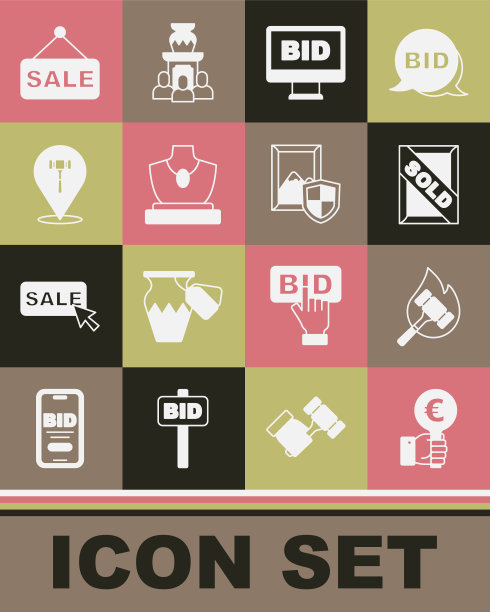Set Hand holding auction paddle, auction hammer, painting sold, Online, jewelry sale, Price tag with sale and icon。向量图片下载