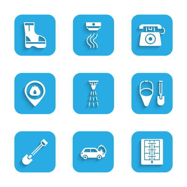 设置消防洒水喷头，燃烧的汽车，疏散计划，铲子和水桶，有火焰的位置，拨打911电话和靴子图标。向量图片下载