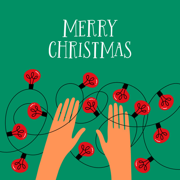 有手的贺卡和圣诞灯。节日印刷品，横幅，礼品标签。矢量图图片下载