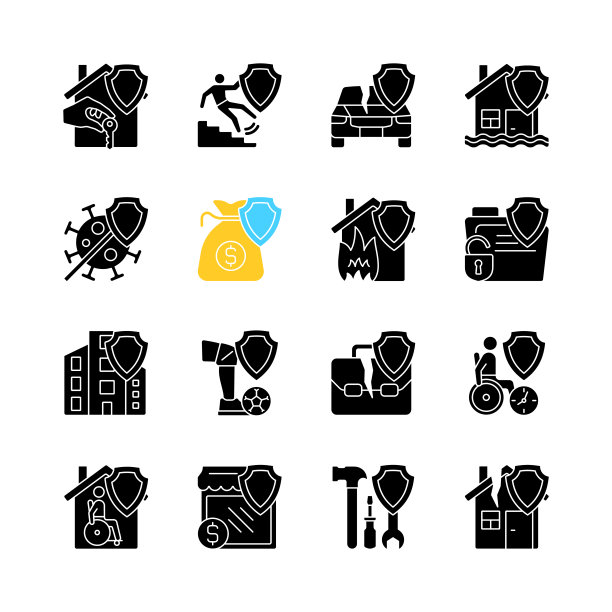 保险案件黑色字形图标设置在白色的空间图片下载