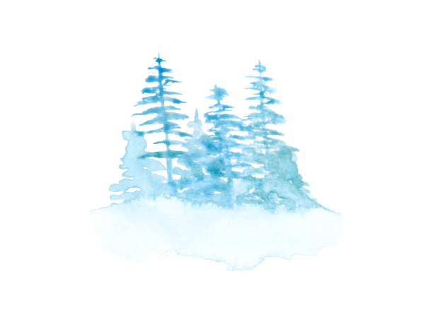 水彩雾蒙蒙的树木景观孤立在白色的背景。蓝色的雾插图。松树剪纸艺术。手绘冬天森林。柔和的自然风光。美丽的景观背景。图片下载
