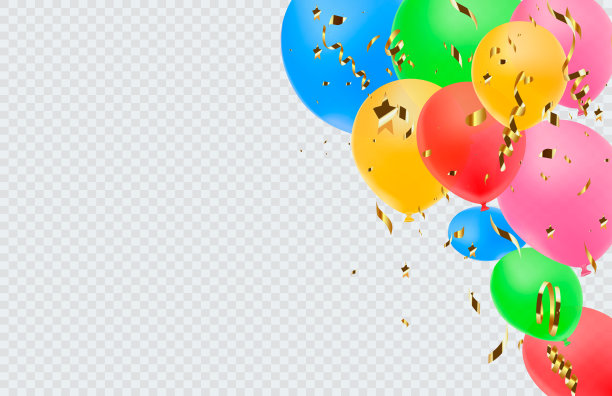 气球边界与闪亮的黄金闪光和星星的五彩纸屑隔离在透明的背景。图片下载