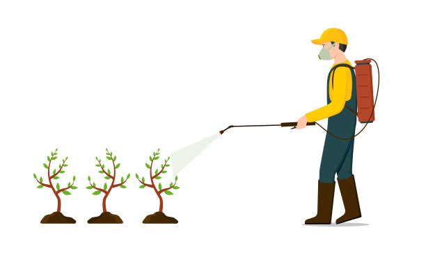 农民向农业植物喷洒农药或除草剂。男子向种植园喷洒化学品或化肥。用化学药剂防治害虫。向量图片下载