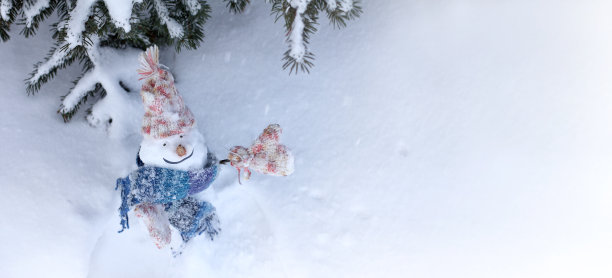 戴着帽子、手套和围巾的微笑雪人，站在树顶的照片下的雪堆里。寒假快乐图片下载