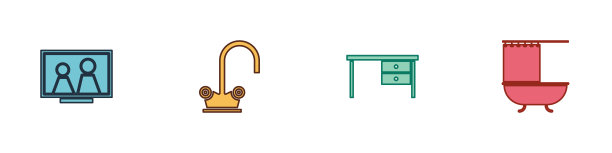 在桌子上设置相框，水龙头，办公桌和浴缸与浴帘图标。向量图片下载