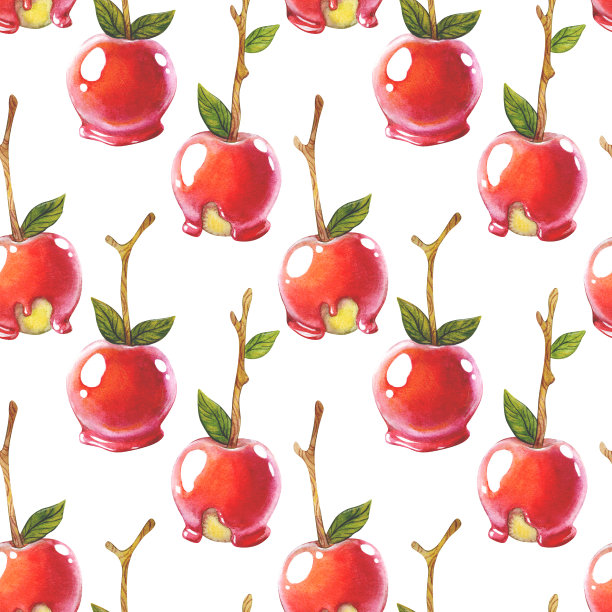 无缝图案与焦糖苹果孤立在白色的背景。图片下载