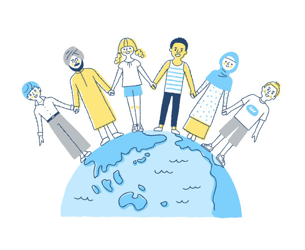不同种族的人们与地球手牵手图片下载