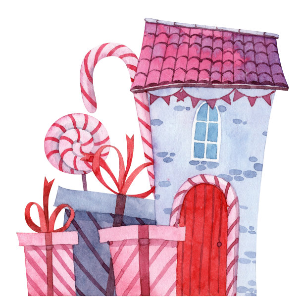 圣诞屋的蓝色立面与大礼品盒和糖果棒棒糖棒棒糖孤立在白色的背景。水彩画手绘假日插图图片下载