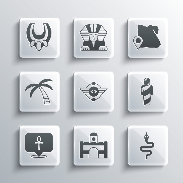 设置埃及房子，蛇，木乃伊，象征有翼的太阳，十字章，热带棕榈树，项链和地图的图标。向量图片下载