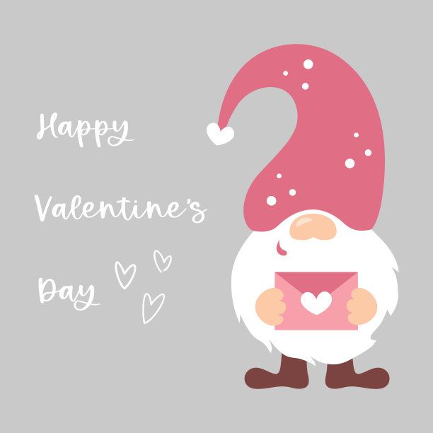 可爱浪漫的情人节侏儒手里拿着情书和爱心贴纸。卡通情人节侏儒在粉红色柔和的颜色。矮人情人节的装饰。图片下载