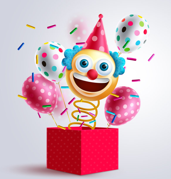 杰克在盒子里生日矢量设计。在盒子里的小丑表情符号玩具与气球图案和春天惊喜元素的生日表情符号礼物庆祝活动。图片下载