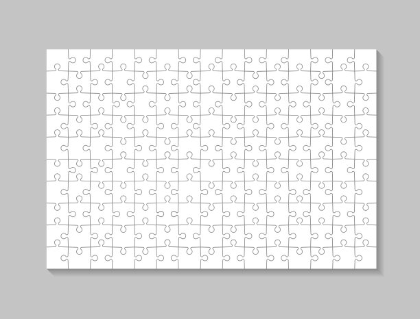 拼图模式。拼图的现实模板。电网的计划。广场的游戏。白色纹理的拼图在灰色的背景。是团队逻辑拼图的一部分。150块轮廓马赛克。向量图片下载