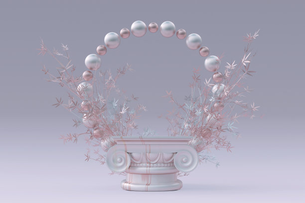 3D大理石白色粉红色圆形基座裙台与珠子和抽象植物。图片下载