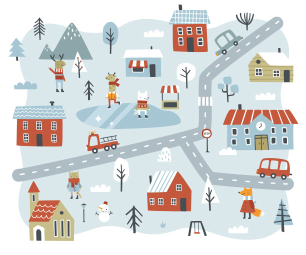 冬季抽象城市地图有道路、房屋、汽车、动物、树木。圣诞小镇婴儿印花狐狸，麋鹿，长颈鹿狼。图片下载