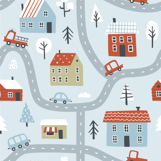 雪城冬季地图上图案有水龙带、汽车、道路、树木。圣诞镇街道无缝印花布、纺织品、包装纸、服装、托儿所。图片下载