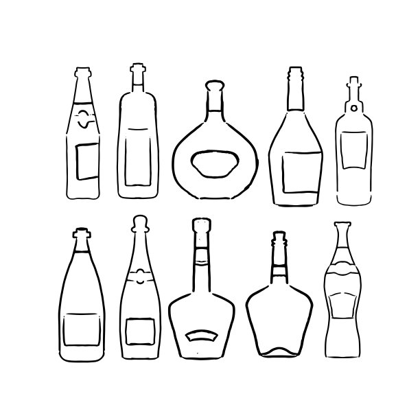 一套线性手绘草图瓶子。收集不同的酒精饮料。线性向量插图。图片下载