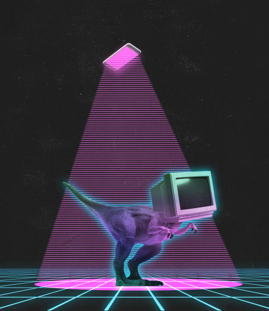 当代艺术拼贴复古恐龙与旧电脑屏幕隔离在黑暗的霓虹灯背景图片下载