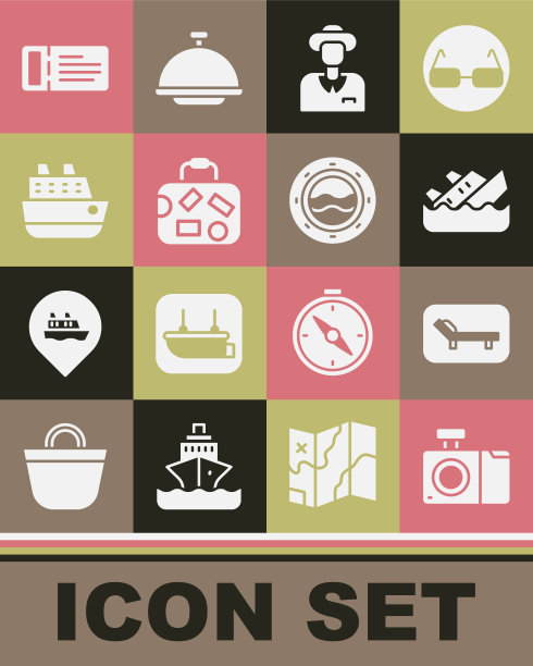 设置照片相机，日光浴床和伞，沉没的邮轮，游客，手提箱，邮轮，机票和船舶舷窗与海景图标。向量图片下载
