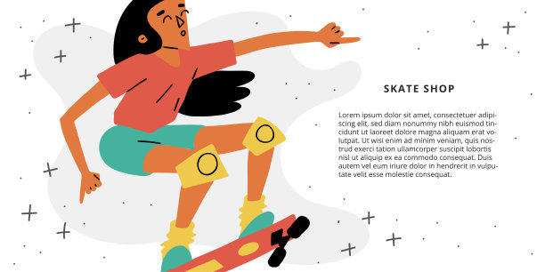滑板横幅。溜冰女孩跳跃的彩色插图。滑板公园，商店，学校广告模板与空间文字。白色背景。图片下载