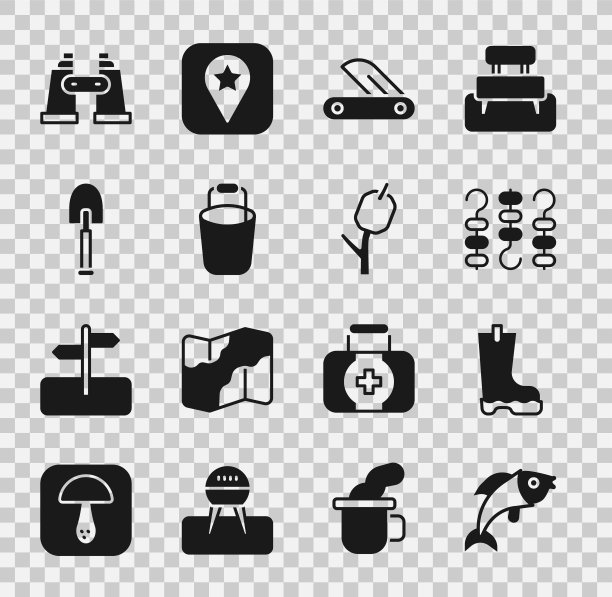 设置鱼，防水橡胶靴，烤串烤肉串，瑞士军刀，桶，铲子，望远镜和棉花糖棒图标。向量图片下载