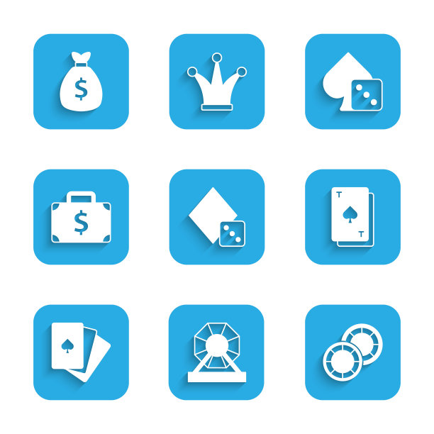 设置游戏骰子，彩票机，赌场筹码，玩纸牌与黑桃，Deck的纸牌，公文包和钱，和钱袋图标。向量图片下载