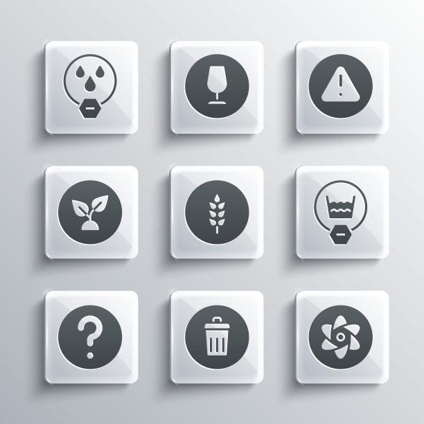 设置垃圾桶，试管和烧瓶，精致的清洗，小麦，未知的搜索，植物基础，水滴禁止和感叹号在三角形图标。向量图片下载