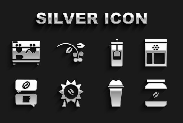 设置奖牌为咖啡，袋豆，咖啡罐瓶，奶昔，和对话，法国出版社，机器和豆类，分支图标。向量图片下载