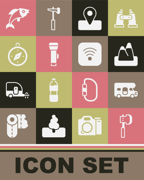 设置木斧，房车房车，山脉，露营地点，手电筒，指南针，鱼和Wi-Fi无线互联网图标。向量图片下载