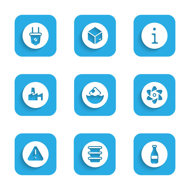 设置纸箱纸箱，碗，瓶，试管和烧瓶，感叹号在三角形，工厂生产，信息和电气插头图标。向量图片下载