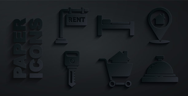 设置购物车与房子，位置，房子钥匙，酒店服务铃，床和悬挂标志租赁图标。向量图片下载