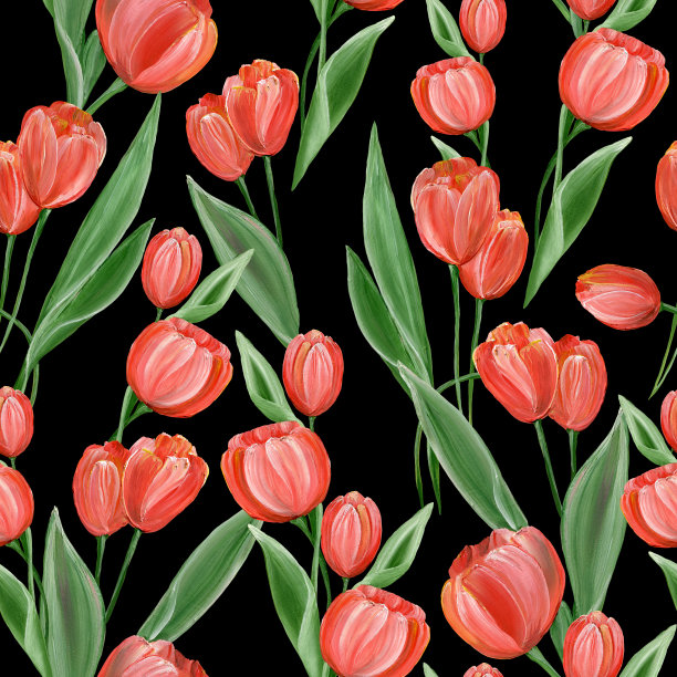 明亮的红色郁金香，绿色的叶子在黑色的背景上。五颜六色的花卉图案。水彩插图。纺织品，包装，明信片。图片下载