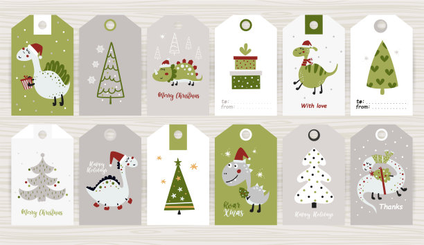一套标签与圣诞恐龙。图片下载