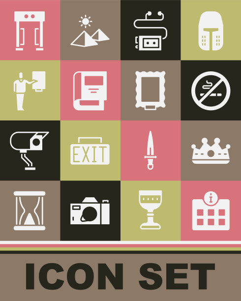 设置信息，国王皇冠，禁止吸烟，博物馆语音导游，历史书，金属探测器和图片图标。向量图片下载