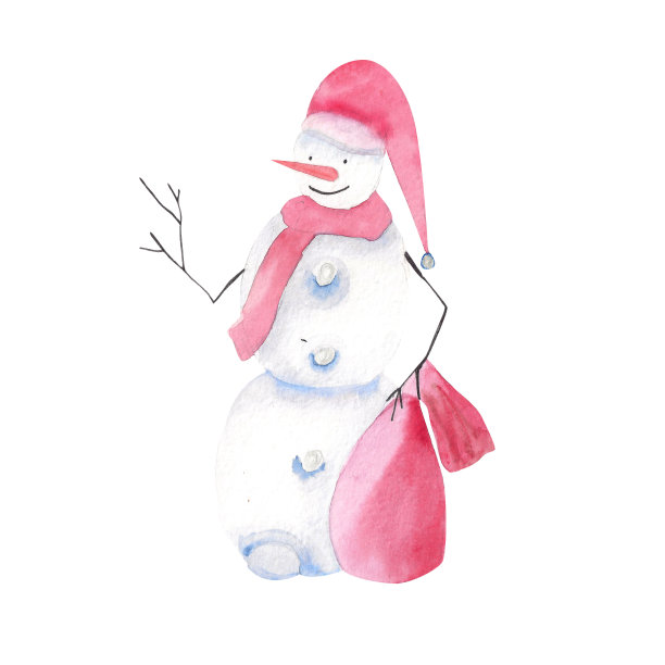 雪人插图。戴着红色围巾的雪人的水彩画。新年冬季插图。图片下载