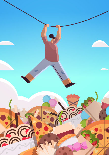 吊在垃圾食品上面的女人快餐分类不健康的营养垃圾食品成瘾概念图片下载