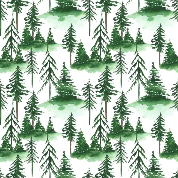 森林无缝图案在白色的背景。松树无尽的印。水彩风景壁纸。绿色的树木剪纸艺术。自然设计的包装纸和更多。图片下载