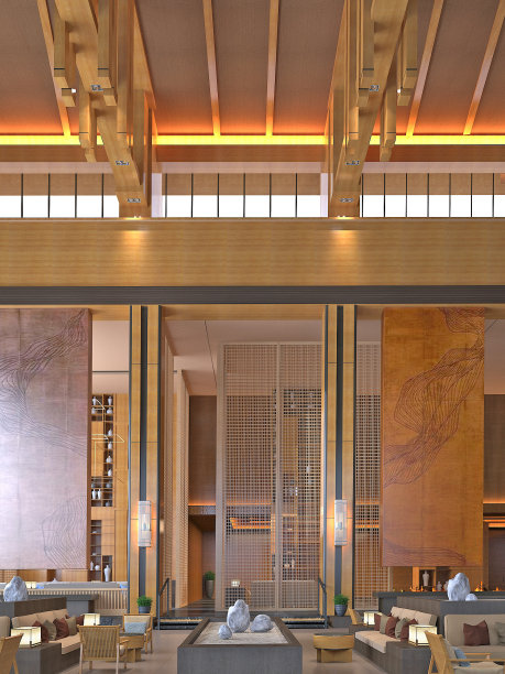 豪华酒店大堂和前台的3D渲染图片下载