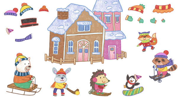 冬季圣诞假期房屋蜡笔画和涂鸦元素。动物在门外玩耍。图片下载