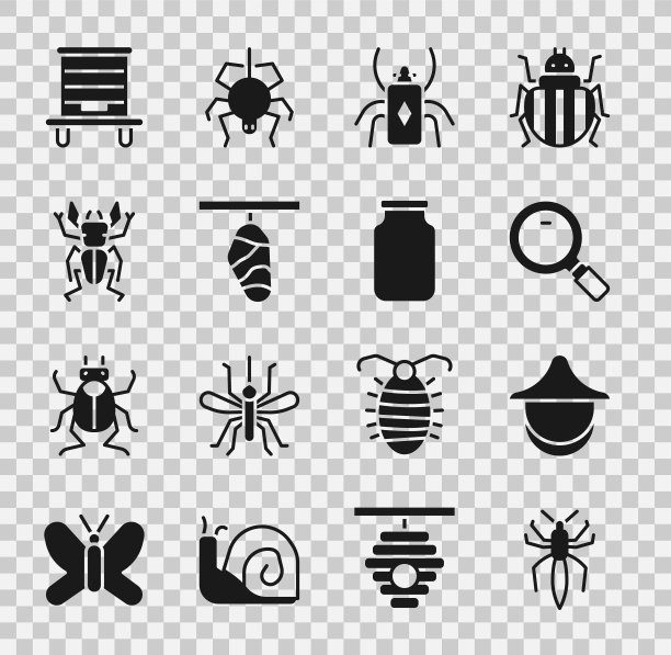 设置蜘蛛，养蜂人帽子，放大镜，甲虫虫，蝴蝶茧，鹿，蜂巢为蜜蜂和玻璃罐图标。向量图片下载