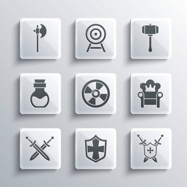 设置盾牌，中世纪盾牌与剑，王座，圆形木制，交叉中世纪，毒药瓶，斧头和锤子图标。向量图片下载