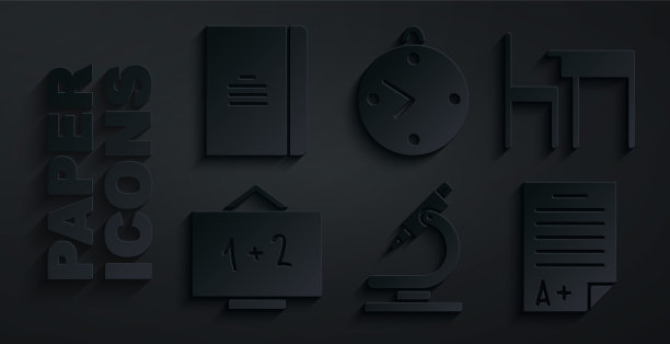 设置显微镜、学校桌椅、黑板、成绩A +的考卷、时钟和螺旋笔记本图标。向量图片下载