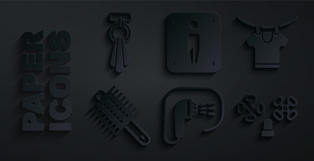 设置淋浴，干衣服，发刷，水龙头，男性厕所和毛巾衣架图标。向量图片下载