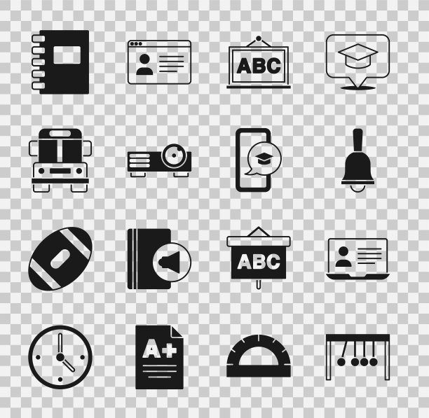 设置钟摆，在线课程，铃声，黑板，电影，电影，媒体投影仪，校车，螺旋笔记本和毕业帽的移动图标。向量图片下载