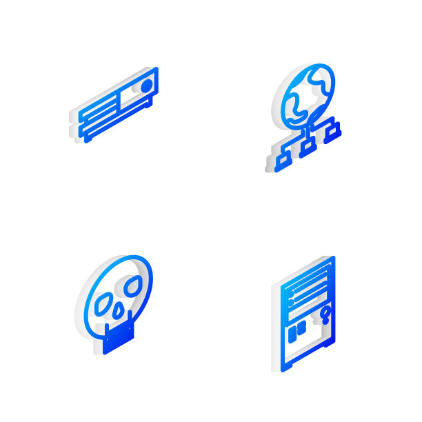 设置等距线计算机网络，视频游戏控制台，骷髅和图标。向量图片下载