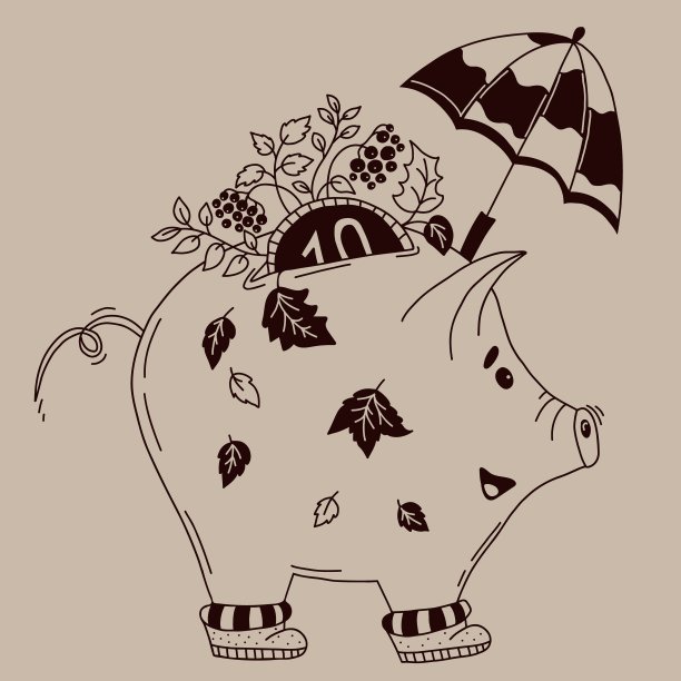 可爱的装饰秋天小猪存钱罐。矢量插图的手涂鸦风格。小猪存钱带着硬币，穿着靴子撑着伞下的秋叶。人物轮廓、线条草图设计图片下载