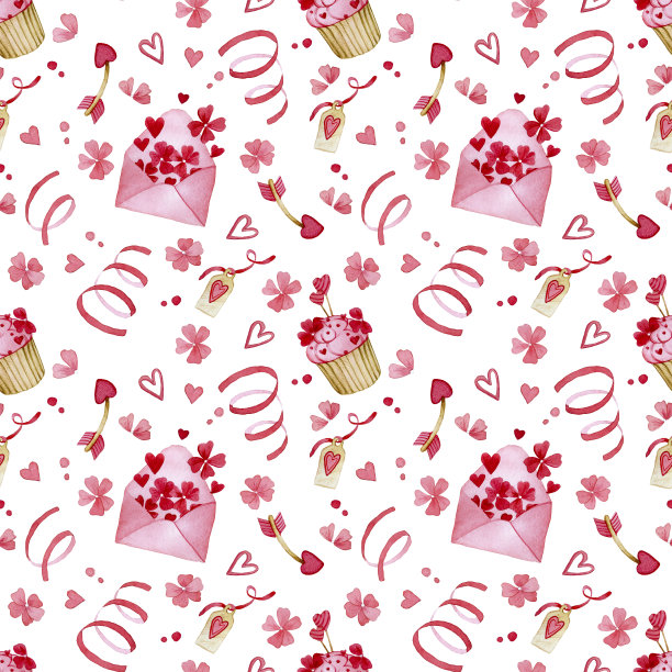 水彩无缝图案情人节的主题。可爱的印花与粉红色的心，丝带和花在白色的背景。图片下载